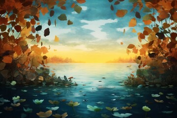 Autumn background with yellow leaves and water surface.