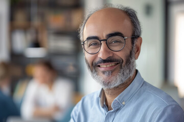Portrait of happy mature businessman with glasses in office setting