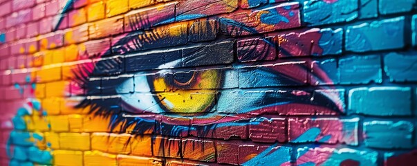 Vibrant urban street art mural on a brick wall, featuring colorful graffiti and bold designs, capturing the essence of city creativity