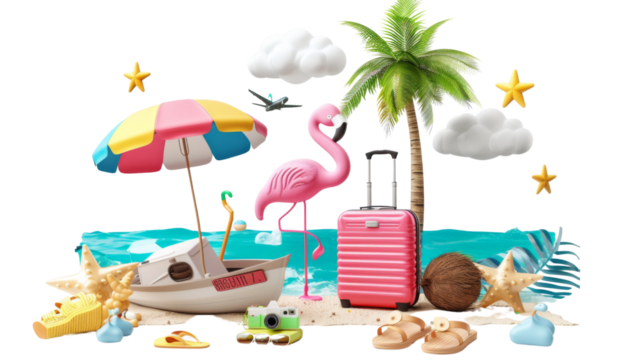 Summer travel accessories,  with boat, suitcase, beach chair, island ...