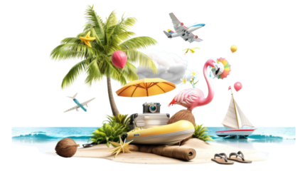 Summer travel accessories,  with boat, suitcase, beach chair, island ...
