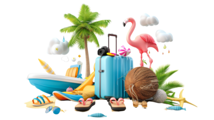 Summer travel accessories,  with boat, suitcase, beach chair, island ...