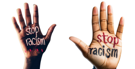 Open the palm with the Stop Racism written on a transparent background.