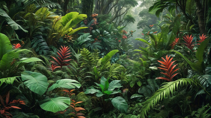 Naklejka premium Foliage Paradise: Capturing the Exuberance of the Dense Rainforest's Flora, Generative AI