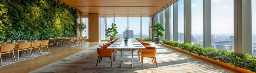 Obraz premium Highrise meeting room with floortoceiling greenery and modern furnishings, offering a serene environment for strategic discussions, overlooking the bustling city