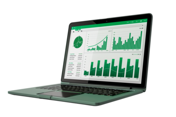 Laptop with financial stock charts on screen with transparent background