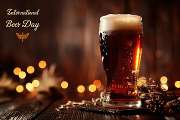 Glass of Dark Beer with International Beer Day Text.