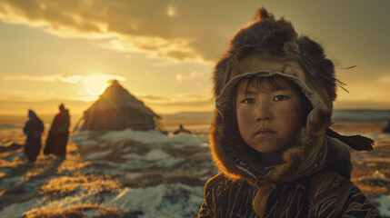 Inuit young child dressed in traditional fur clothing, standing proudly before a snow-covered yurt, peoples in extreme climates
