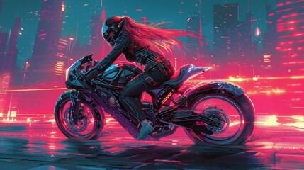 A female motorcyclist with flowing red hair rides a high-tech motorcycle through a neon-lit cityscape at night