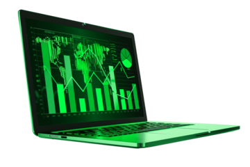 Laptop with financial stock charts on screen with transparent background