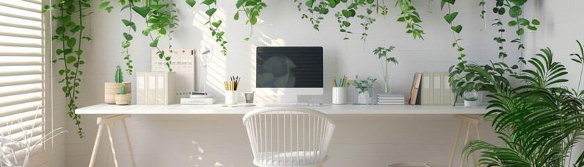 Zeninspired study corner A tranquil workspace with a focus on greenery, white aesthetics, and a minimal setup, perfect for focused tasks