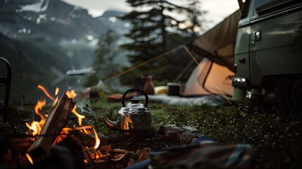 Cozy campsite with a tent, campfire, and a kettle boiling over flames, nestled in a serene mountain landscape at dusk.