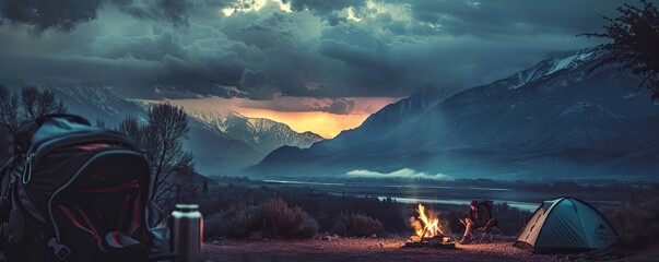 Scenic mountain campsite with a tent and campfire during sunset, offering a serene view of nature's beauty with dramatic clouds. - Powered by Adobe