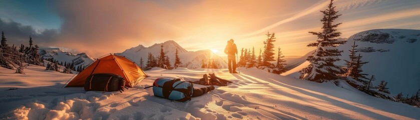 A person camping in snowy mountains during sunrise, with a tent and gear set up, showcasing an outdoor winter adventure in nature.
