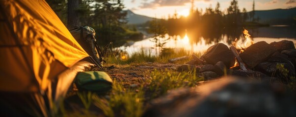Fototapeta premium Serene campsite by the lake at sunset with a glowing tent, campfire, and scenic mountain view in the background.