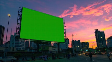 Square billboard with green screen at sunset in the city and people. Skyline