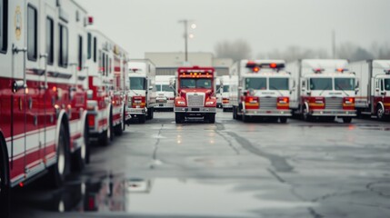 A Blaze of Bravery: Group of Fire Trucks in Parking Lot