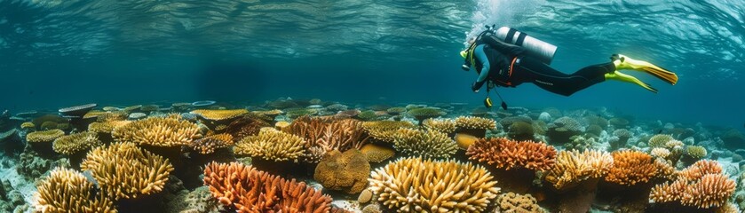 Underwater conservation effort Diver swims above a coral nursery, highlighting the vibrant marine life and conservation efforts, serene and enlightening