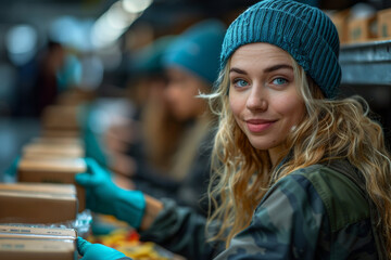 Fototapeta premium dedication of women as they meticulously pack food into boxes for a delivery project at a food pantry, ensuring that every package carries nourishment and hope to those in need.