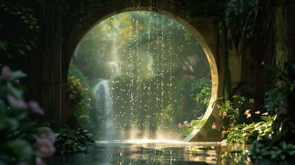 Garden Gateway with Enchanted Fountain and Sparkling Waters.