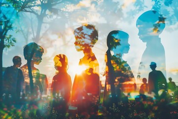 Silhouetted group of people with sunlit trees and sky background in a double exposure artistic photo.