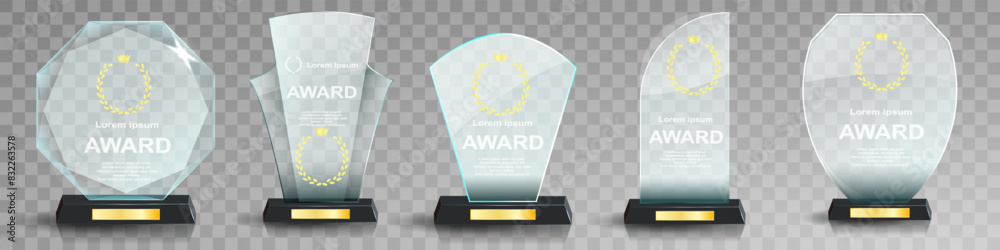 Sticker glass award trophy set. transparent prize template. winner first place concept. vector illustration.