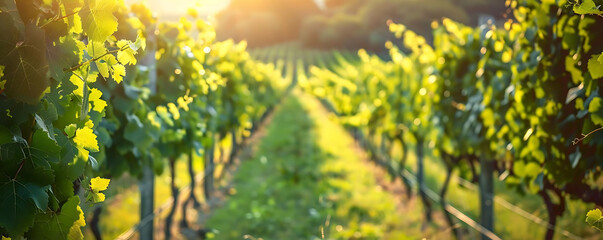 Obraz premium beautiful green vineyard with rows of grapevines in the sunlight