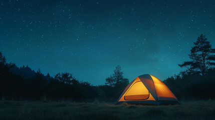 Illuminated tent under starry night sky in a serene forest field