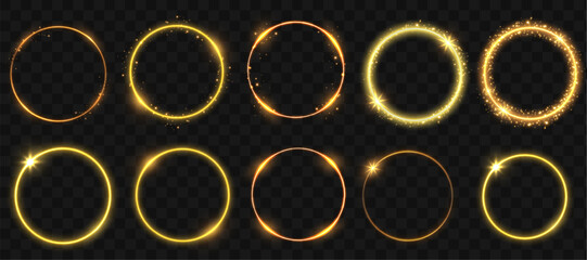 Gold circles frame with glitter light effect. A golden flash flies in a circle in a luminous ring. © Максим Славов