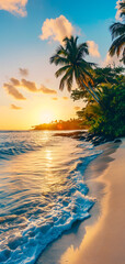 tropical beach view at sunset or sunrise with white sand, turquoise water and palm trees. Neural network generated image. Not based on any actual scene or pattern.