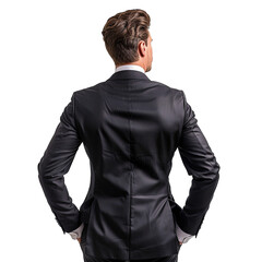Business man from the back looking at something, white background