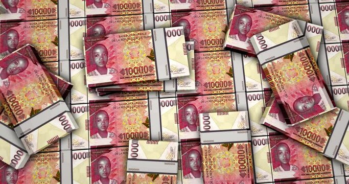 Guinea money Guinean francs banknotes 3d animation. GNF 10000 packs concept of inflation, economy, crisis, business, banking, debt and finance.