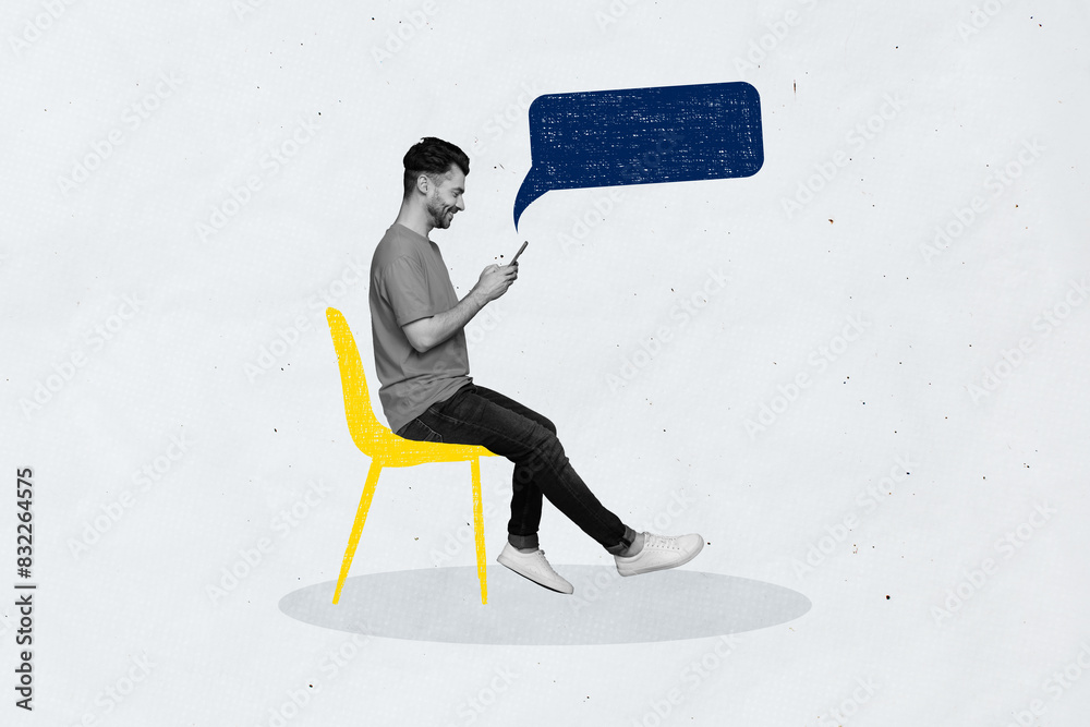 Poster collage image sketch of cheerful positive handsome man chatting writing reading isolated on drawing 