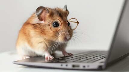 Hamster using laptop on white background in studio.