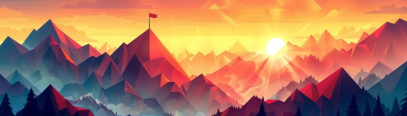 Sunrise over a vibrant geometric mountain landscape, warm light casting dramatic shadows and a lone flag flying high