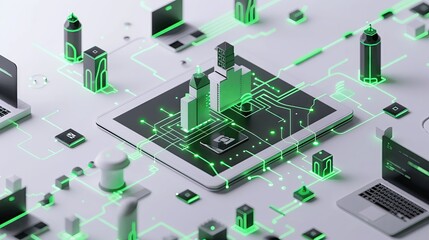 Objects representing IT industry facilities on a white background with small green lights.