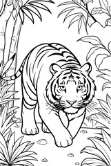 Obraz premium Tiger Kids coloring page book, black and white line art, blank coloring art