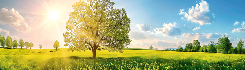 Naklejka premium beautiful spring landscape with blossoming trees and green meadow under a blue sky with white clouds
