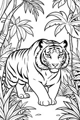 Obraz premium Tiger Kids coloring page book, black and white line art, blank coloring art