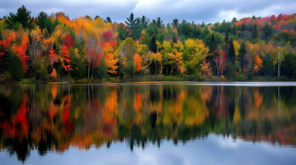 beautiful tree reflections in a calm lake under a cloudy blue sky
