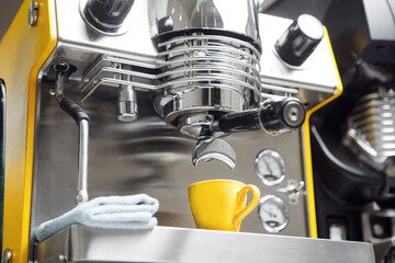 Modern Professional Espresso Machine Preparing Coffee in Cafe