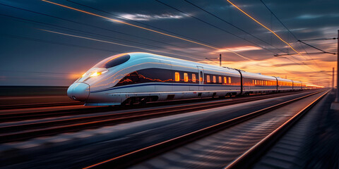 Naklejka premium At night, a high-speed railway accelerates passengers on a rapid journey.