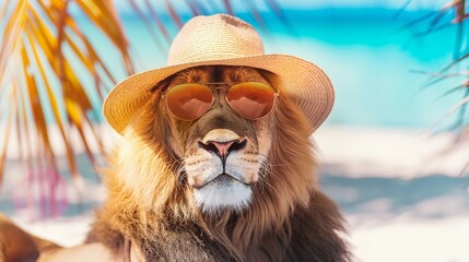 Relaxing lion with sun hat and sunglasses on beach.