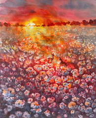 Dandelions meadow during red sunset abstract watercolor background