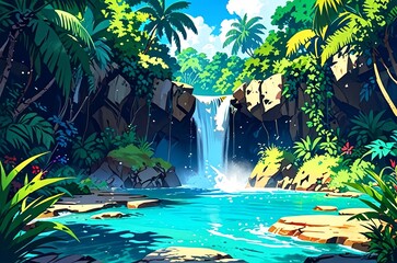 Anime style illustration, flat vector art, digital art, waterfall landscape, forest