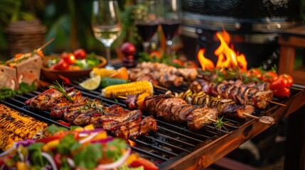 Delicious grilled skewers and vegetables on barbecue, outdoor dining with wine, salad, and grilled corn, perfect summer party feast.