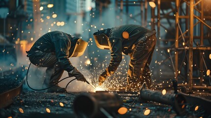 Welders working diligently on a construction site, sparks flying - Powered by Adobe