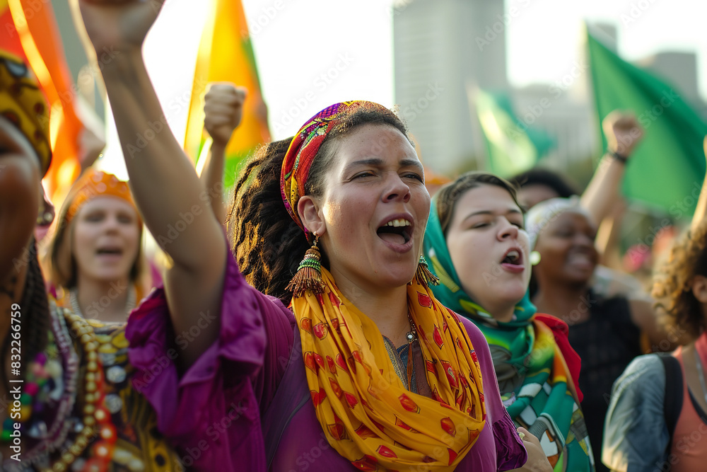 Sticker Women Lead Urban Protest in Colorful Attire Under Clear Skies  