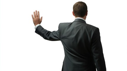 Businessman Making a Goodbye Gesture in Formal Suit, Isolated on White Background