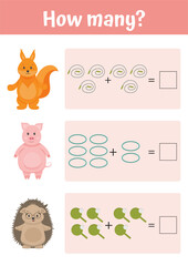 Math printable educational worksheet. Addition mathematic tasks, how many, counting. Educational games for preschoolers and kindergarten. Easy level. Learning mathematic pages, teacher resources.